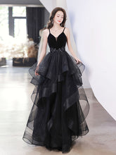 Black Spaghetti Strap Ruffle Skirt Tiered Prom Dress - DollyGown
