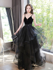 Black Spaghetti Strap Ruffle Skirt Tiered Prom Dress - DollyGown