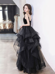 Black Spaghetti Strap Ruffle Skirt Tiered Prom Dress - DollyGown