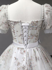 Silver Grey Square Neck Lace Ball Gown Quinceanera Dress with Short Sleeves - DollyGown