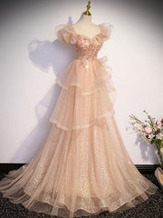 Asymmetrical Queen Anne Neck Champagne Lace Prom Dress - DollyGown