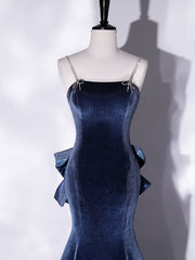 Spaghetti Strap Blue Velvet Mermaid Prom Dress with Big Bow Back - DollyGown