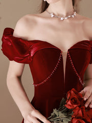 Delicate Maroon Velvet Off The Shoulder Prom Dress Grauduation Dress - DollyGown