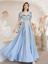Sky Blue Short Sleeve Satin A-line Prom Dress Graduation Dress - DollyGown