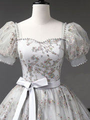 Silver Grey Square Neck Lace Ball Gown Quinceanera Dress with Short Sleeves - DollyGown