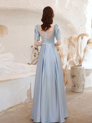 Sky Blue Short Sleeve Satin A-line Prom Dress Graduation Dress - DollyGown