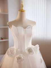Strapless High Low White Homecoming Dress Trimmed with Flowers - DollyGown