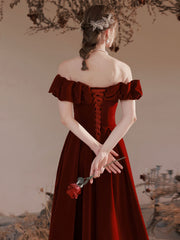 Simple Off The Shoulder Burgundy Velvet Prom Dress Formal Dress - DollyGown