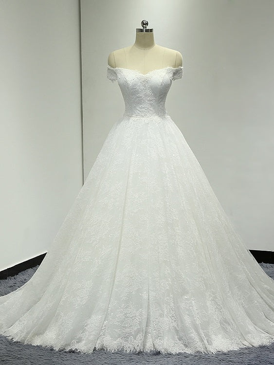 Off Shoulder Ball Gown Lace Wedding Dress with Handmade Flower at Back #21011207-Dolly Gown