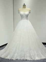 Off Shoulder Ball Gown Lace Wedding Dress with Handmade Flower at Back #21011207-Dolly Gown