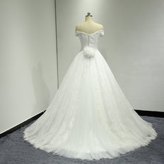 Off Shoulder Ball Gown Lace Wedding Dress with Handmade Flower at Back #21011207-Dolly Gown