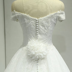 Off Shoulder Ball Gown Lace Wedding Dress with Handmade Flower at Back #21011207-Dolly Gown