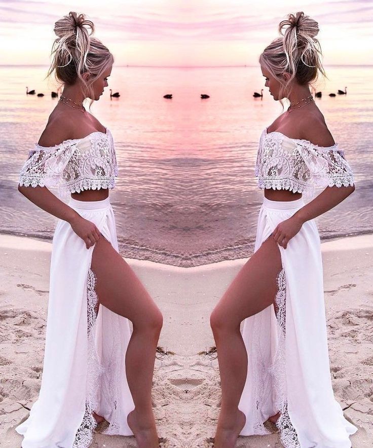 Off Shoulder Lace Beach Two Piece Wedding Dress - DollyGown
