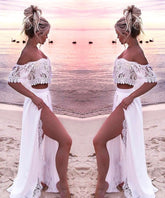 Off Shoulder Lace Beach Two Piece Wedding Dress - DollyGown