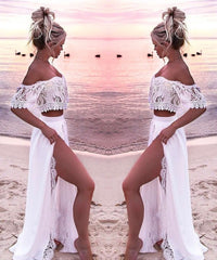 Off Shoulder Lace Beach Two Piece Wedding Dress - DollyGown