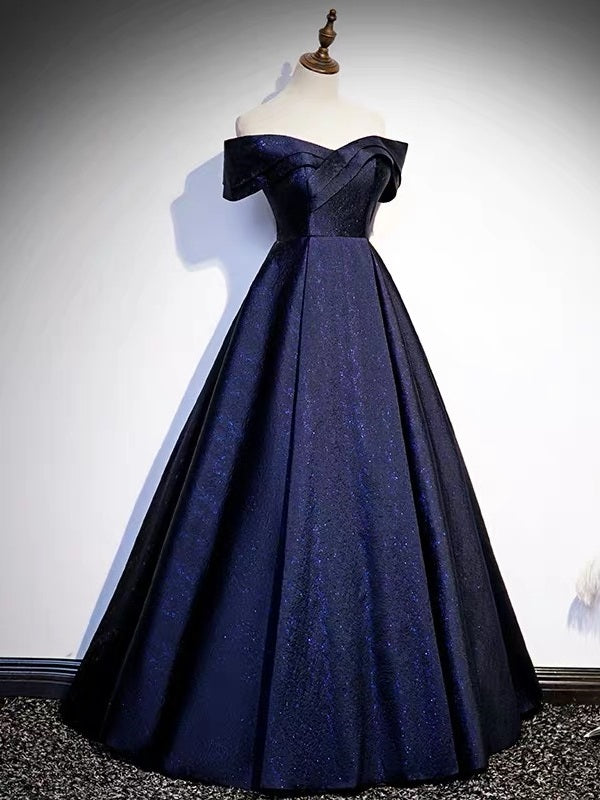 Off Shoulder Puffy Prom Dress in Navy Blue - Dollygown