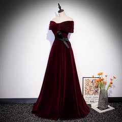 Off Shoulders Burgundy Velvet Prom Dress - Dollygown