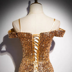Off Shoulders Tight Fit Gold Sequin Prom Dress -DollyGown