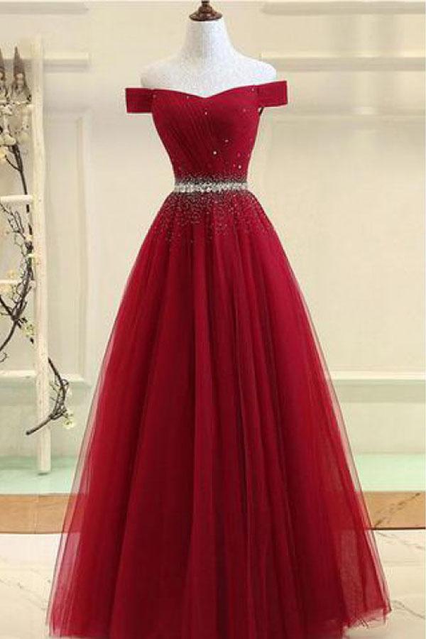 Off Shoulders Red Tulle Floor Length Prom Dress,8TH Grade Dance Dress,GDC1278-Dolly Gown