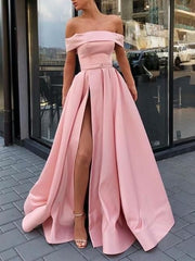 Off Shoulders Pink Simple Prom Dress 2021 A line Side Slit Prom Gown GDC1071-Dolly Gown
