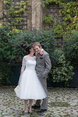 One Shoulder Long Sleeved Lace Tea Length 50s style Wedding Dress,GDC1518-Dolly Gown