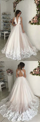 Open Back Plunge V neck Tulle Fall Wedding Dress Ball Gown with Lace Hem Vestido de novia GDC1332-Dolly Gown