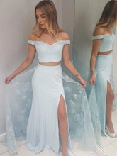 Pale Blue Fit Off the Shoulder Lace Two Piece Long Prom Dress with Side Slit,20081625-Dolly Gown