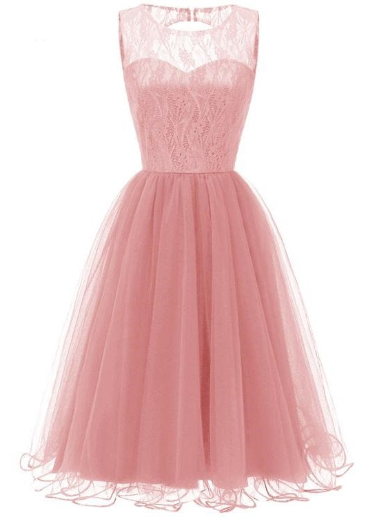 Pink Retro Modest Navy Lace Tulle Cocktail Dress Short Homecoming Dress, 074P-Dolly Gown