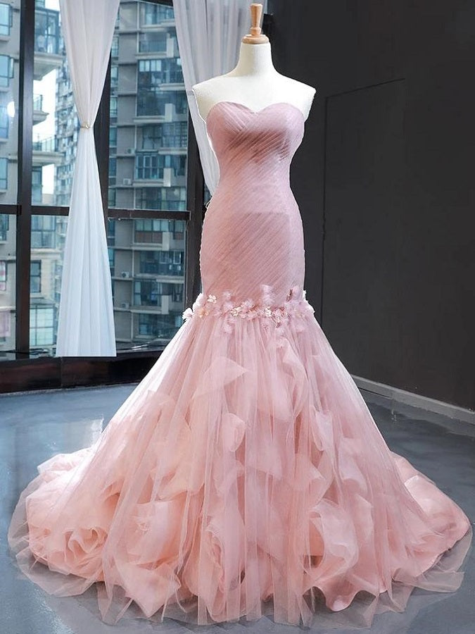 Pink Tulle Princess Wedding Dress Strapless Pink Long Prom Dress with  ruffles Skirt