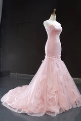 Pink Tulle Princess Wedding Dress Strapless Pink Long Prom Dress with ruffles Skirt,20081615-Dolly Gown