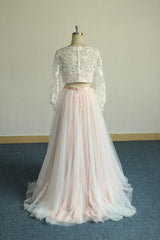 Pink Two Piece Long Sleeve Wedding Dress with Tulle Skirt White Lace Overlayer,20082226-Dolly Gown