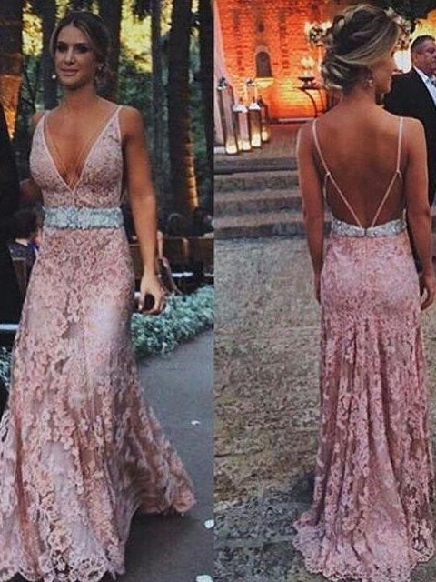 Pink Wedding Dress Pink Lace Prom Dress Boho Prom Dress Backless Sexy Prom Dress MA061-Dolly Gown