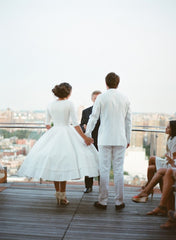 Plunge V neck Long Sleeve Tea Length Pinup Full Skirt 50s Style Wedding Dress with Sleeves,20081624-Dolly Gown