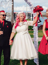 Plus Size Vintage Tea Length Lace Wedding Dress with Sleeves for plus size lady,20110946-Dolly Gown