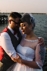 Polka Dot Bateau Neck 50s Inspired Tea Length Wedding Dress with 1/2 Sleeves,20101612-Dolly Gown