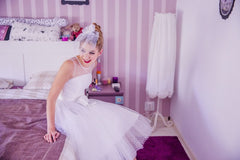 Affordable Polka Dots Rockabilly Short Barn Wedding Attire with Satin Binding,50s Style Pin Up Wedding Dress,20110631 - DollyGown