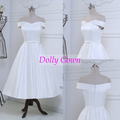 Pretty 50s Inspired Off Shoulders Tea Length Vintage Wedding Dress with Cute Bow at Waist,DO001-Dolly Gown