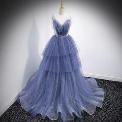 Princess Ball Gown Dusty Blue Tiered Prom Dress - Dollygown