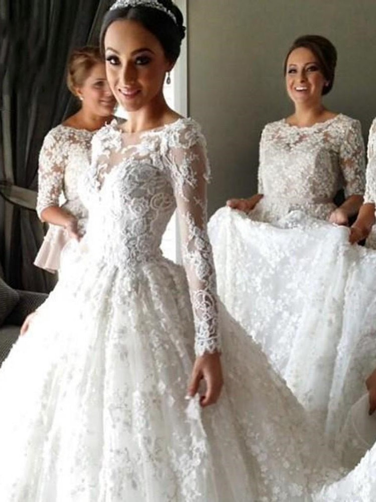 Princess Long Sleeve Lace Wedding Dress Cinderella Wedding Dress with Sleeves WS082-Dolly Gown