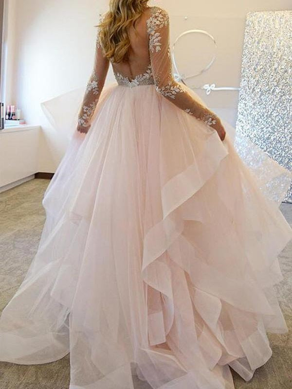 Backless Tulle Skirt Long Sleeve Princess Ruffle Wedding Dress