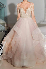 Backless Tulle Skirt Long Sleeve Princess Ruffle Wedding Dress with Sleeves GDC1131-Dolly Gown