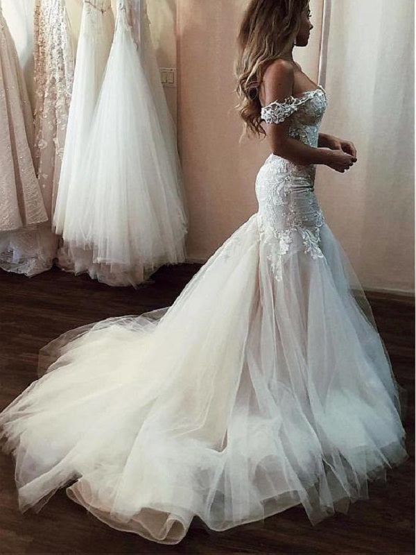 Princess BreathTaking Mermaid Tulle Off Shoulder Wedding Dress with Lace Top,GDC1122-Dolly Gown