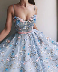 Princess Blue See Through Floral Spaghetti Straps A –line Prom Dress Formal Dress,GDC1245-Dolly Gown