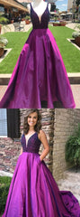 Purple Teens Ball Gown Plunge V neck Beading Prom Dress with Pockets,GDC1118-Dolly Gown