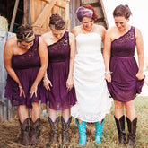 Purple Lace One Shoulder A-line Rustic Country Chiffon Bridesmaid Dresses with Cowgirl Boots,GDC1501-Dolly Gown