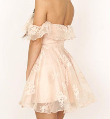 Short Pearl Pink Off-Shoulder Lace Homecoming Dress, 8th Grade Grauduation Dance Dress,201707201