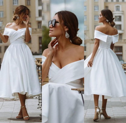 50s Style Off The Shoulder Tea Length Full Skirt Rockabilly Wedding Dress