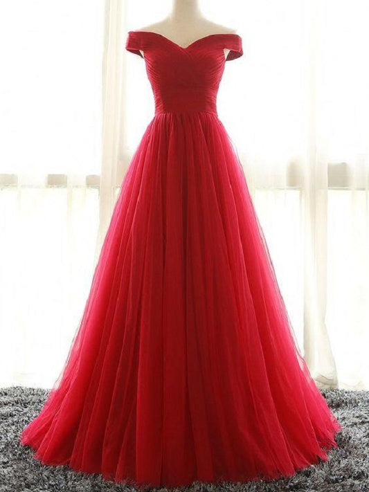 Red Off the Shoulder Prom Dress Long Tulle Prom Dress 2021 Prom Dress Robe De Soiree Pas Cher MA002-Dolly Gown