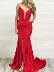 Red Mermaid Plunge V neck Plus Size Prom Dress,GDC1281-Dolly Gown