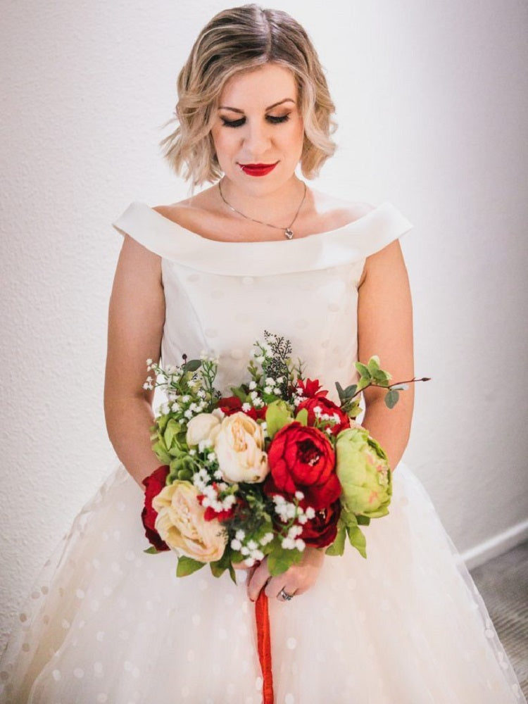 Retro Off the Shoulder Polka Dot Tulle 50s Style Tea Length Wedding Dress,20081635-Dolly Gown